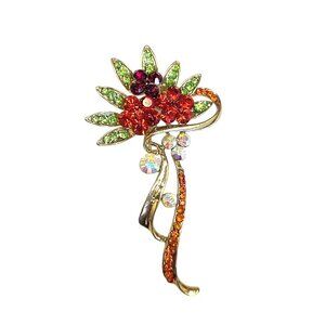 Floral Rhinestone Brooch  Red Green Orange Goldtone